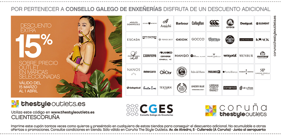 Descontos do 15% nas compras en Coruña The Style Outlets para os membros do CGES ata o 1 de abril