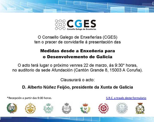 El CGES presenta el viernes 22 las ‘Medidas desde la Ingeniería para el Desarrollo de Galicia’